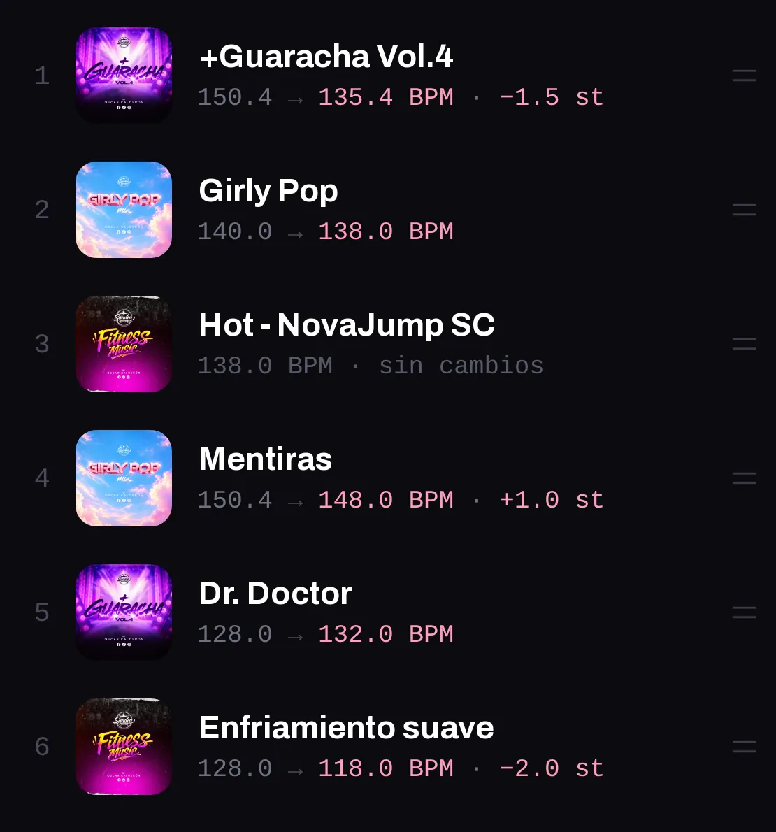 Una lista de clase en SCM, con la velocidad y el tono de cada pista