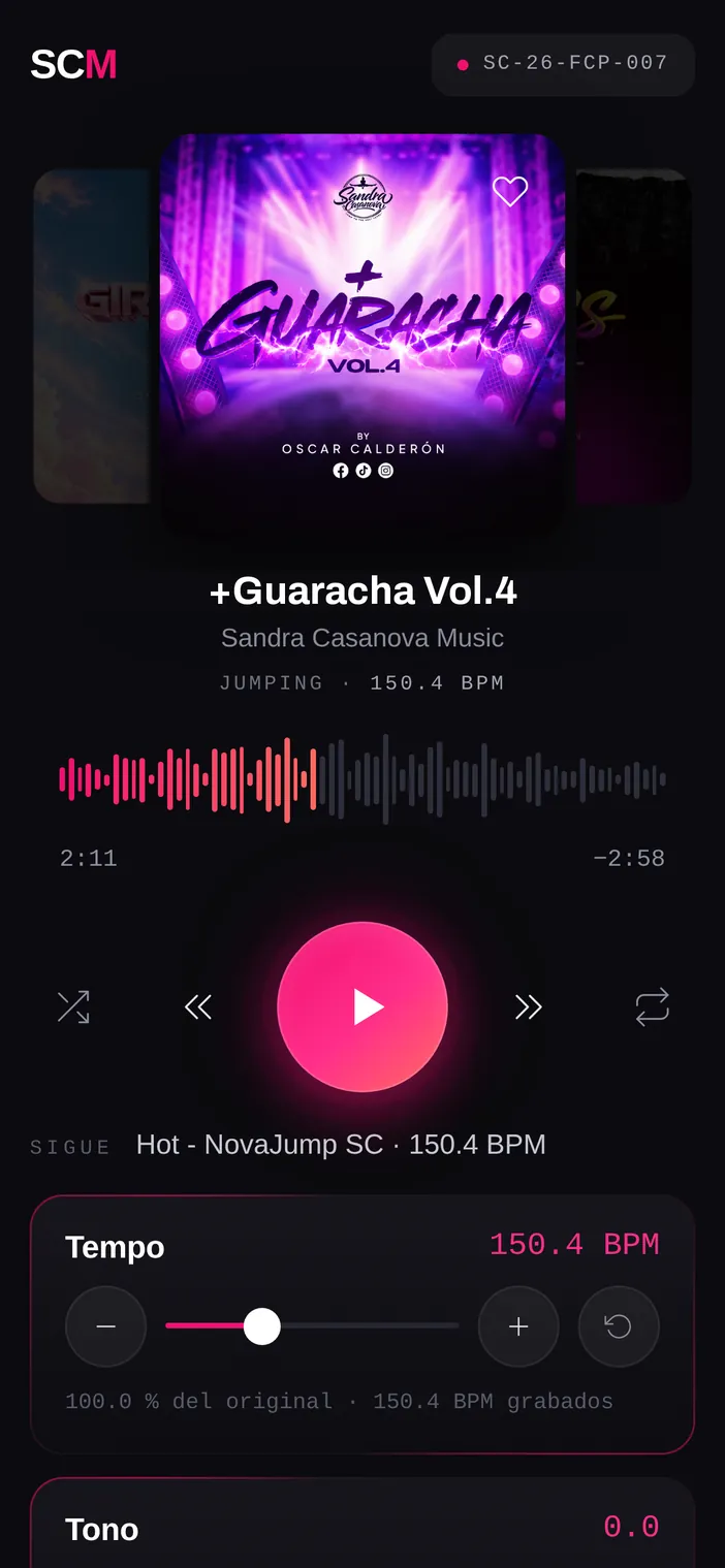 La pantalla principal de SCM, con el mix sonando y el control de tempo