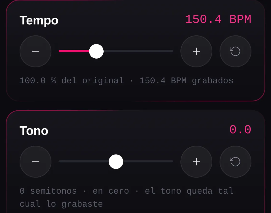 Los controles de tempo y tono de SCM, por separado